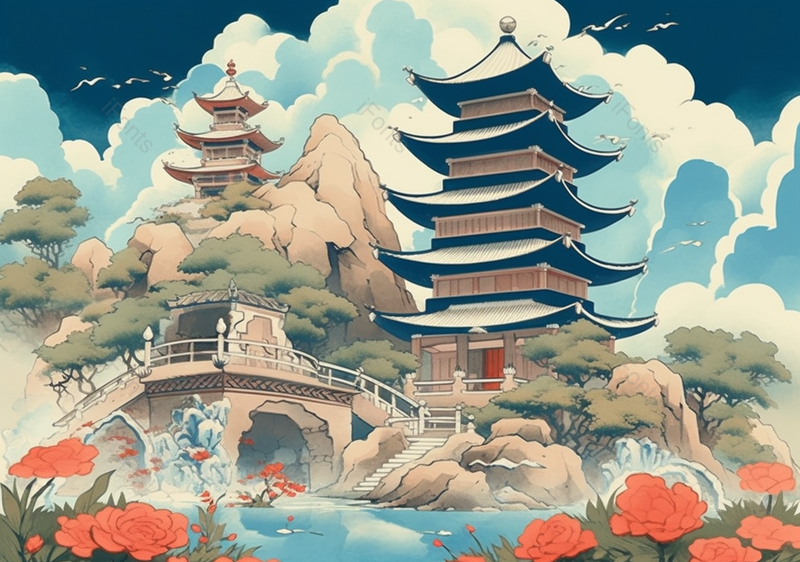 蓝色手绘国潮风宫殿中式建筑背景,插画/手绘图,插画/手绘图库,插画/手绘图下载,插画/手绘